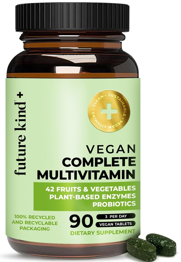 ניו טבעוני Kind Vegan Multivitamins השלם - 42-in-1 טבעוני רבוויטמינים לנשים וגברים עם Enzymes, B12, Zinc, & Probiotics for Digestion (90 כרטיסיות בבקבוק ממוחזר)