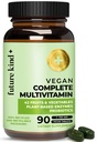 ניו טבעוני Kind Vegan Multivitamins השלם - 42-in-1 טבעוני רבוויטמינים לנשים וגברים עם Enzymes, B12, Zinc, & Probiotics for Digestion (90 כרטיסיות בבקבוק ממוחזר)