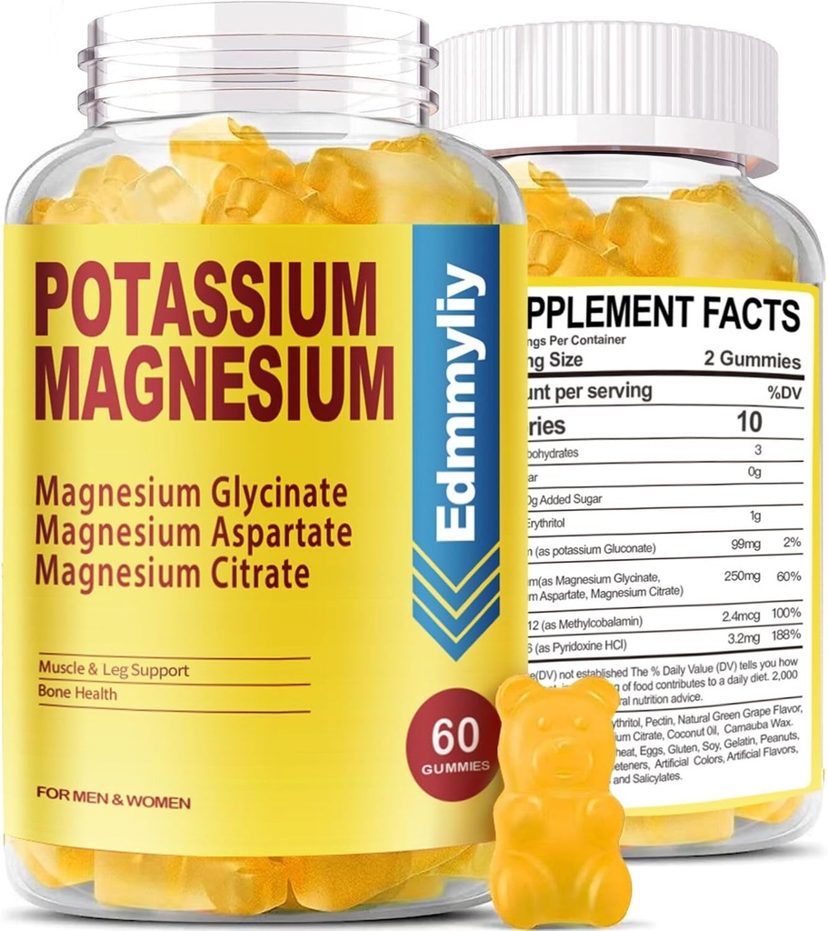 Potassium Magnesium תוספת חניכיים עבור מבוגרים High Absorption Potassiumconate 99 מ"ג מגנזיום Citrate 250 מ"ג עם ויטמין B6 B12 תומך Mood, אנרגיה, רגיעה שרירים, בריאות העצם, סוכר חינם חינם חינם.