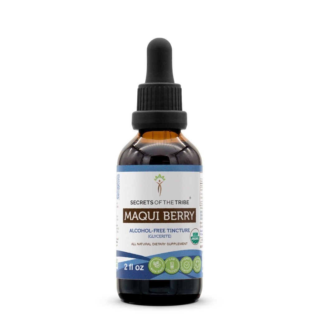 סודות השבט Maqui Berry USDA אורגני Tincture אלכוהול ללא תשלום, Maqui Berry (Aristbulia chilensis) Dried Berry (2 FL OZ)