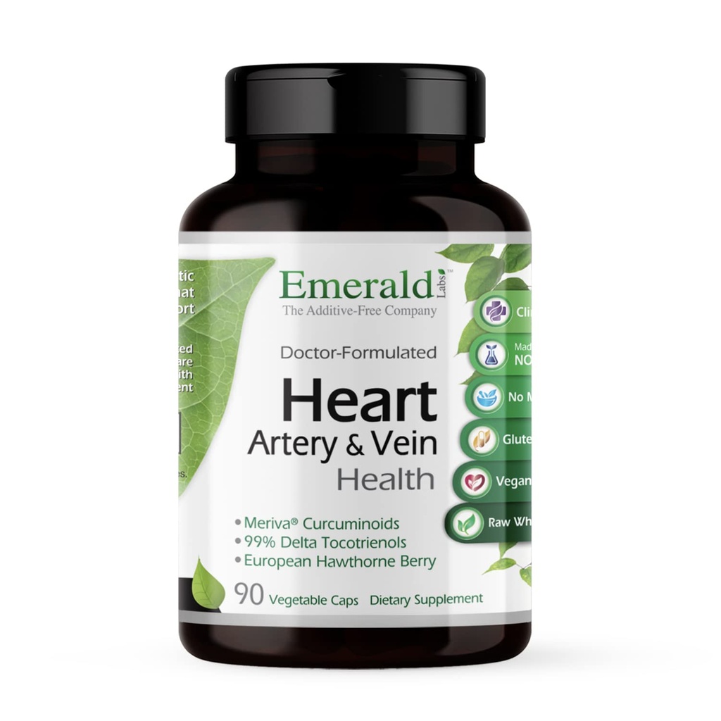 Emerald Labs Heart, Artery & Vein Health - תמיכה בריאות הלב עם הותורן ברי, Meriva Turmeric, ויטמין K2 כמו Vital Delta MK-7 & More - Gluten-Free - 90 קפסולות ירקות (30 ימים אספקה)