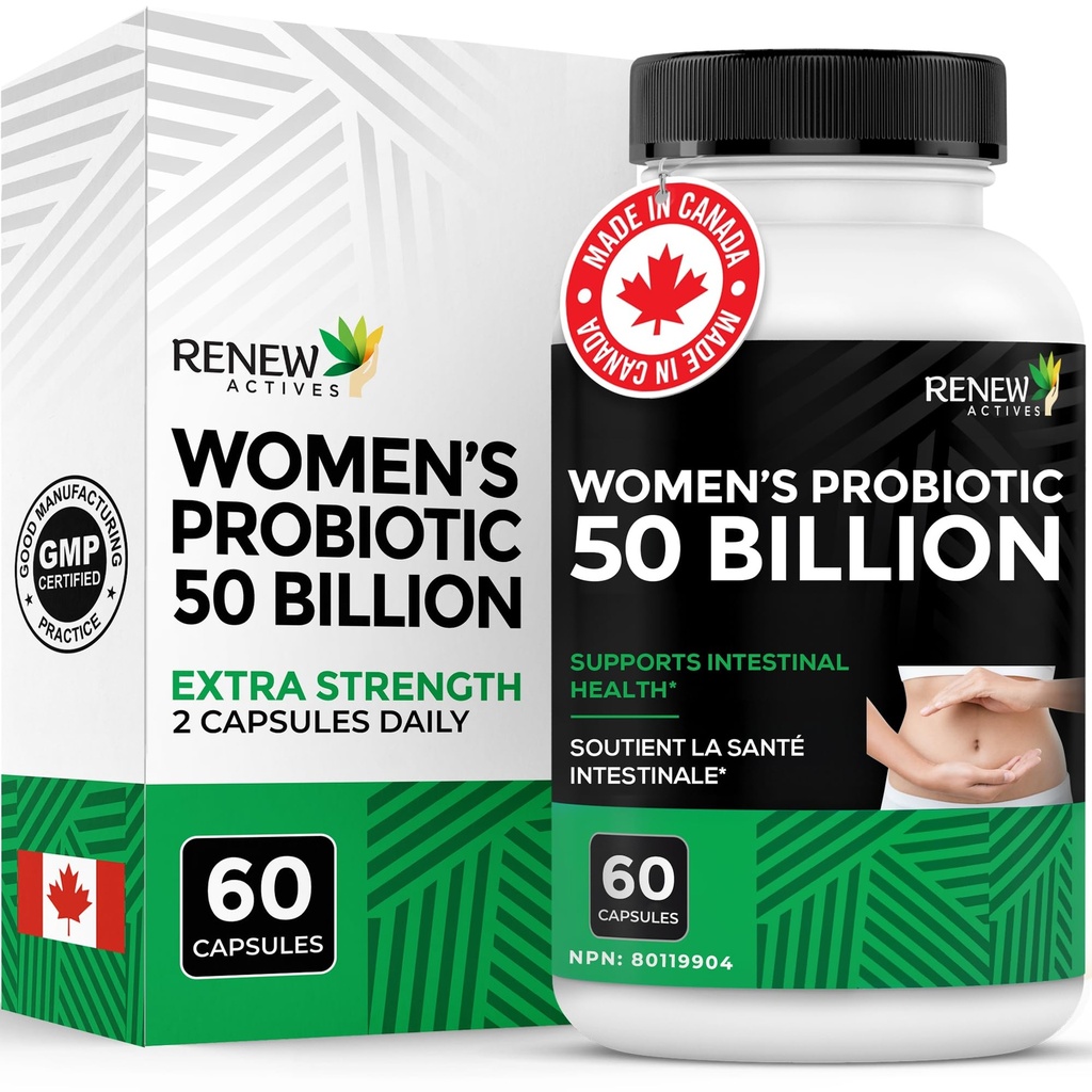 Probiotics for Women 50 מיליארד CFU לכל 2 קפסולות - MAKTREK טכנולוגיה, 4 Probiotic Strains & Prebiotic - תומך ב- Digest Health & Gut Azul - מיוצר בקנדה - 60 קפסולות