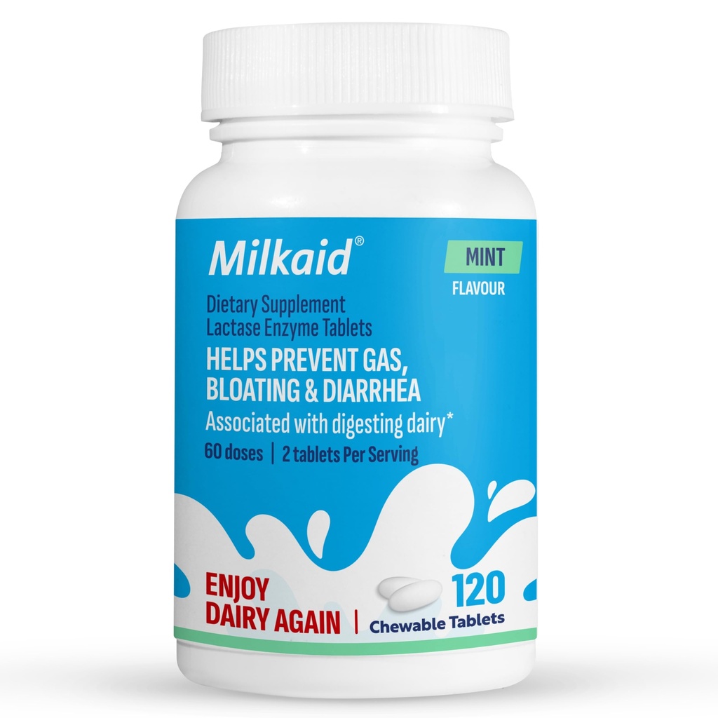 Milkaid Lactase Enzyme Chewable Tablets עבור Lactose Intolerance הקלה | מניעת גז, Bloating & Diarrhea | Fast Acting Milk Digestive תוסף (120 טבליות, Mint)