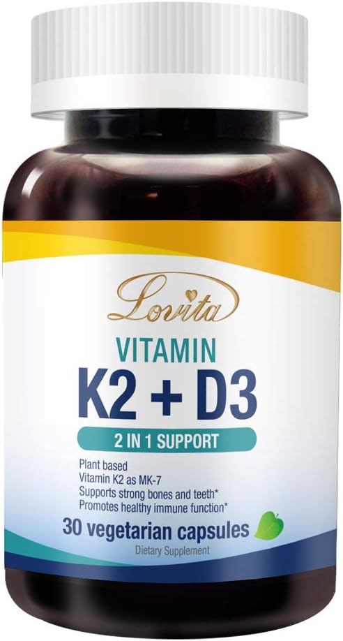 Lovita ויטמין K2 + D3, 400 IU טבעוני ויטמין D3 & 120 mcg ויטמין K2 (MK-7), 2 ב 1 פורמולה, תרכובת ויטמין Immune, 30 קפסולות צמחוניות