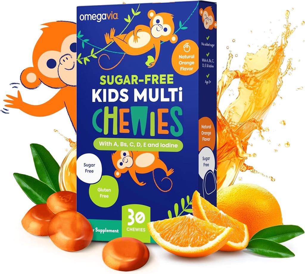 אומגהVia Sugar Free Kids Multivitamin Chewies - כל העת Chewable Gummy ויטמינים לילדים 3, ויטמין A, C, D3, E, B6 & B12, Folate & More, Natural Orange Flavor, 30 הרוזן