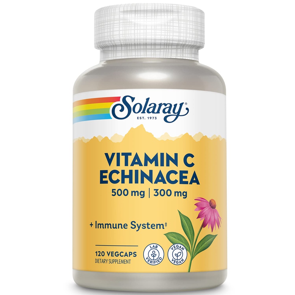 SOLAרי ויטמין C & Echinacea שורש | תמיכה במערכת החיסון בריאה W / 500 מ"ג VIT C & 300 מ"ג Echinacea Per קפסולה | Non-GMO & טבעוני | 120 VegCaps