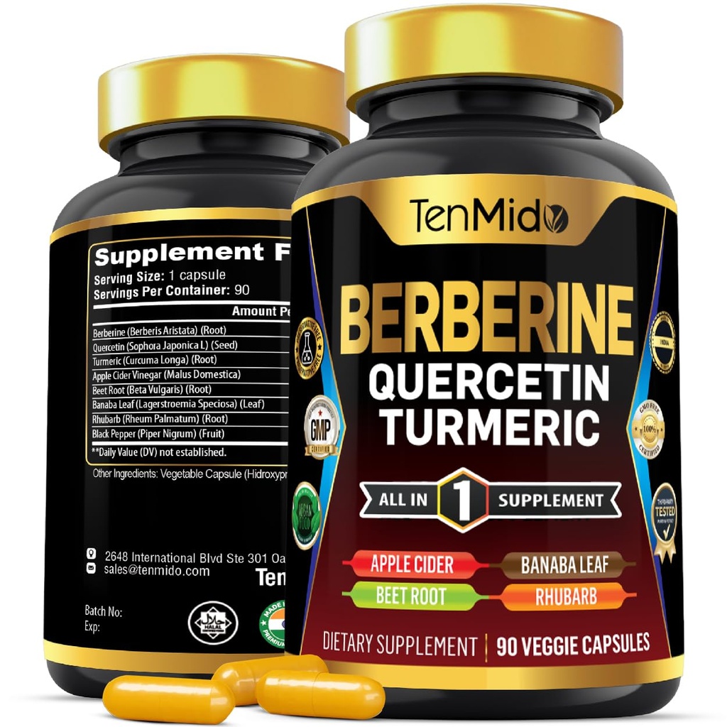 תוספת ברברין לגברים ונשים, 8in1 פורמולה עם Quercetin, Turmeric, Apple Cider Vinegar, Beet Root & More - Digestive, Immune Support - עשיר במזונות - 90 קפסולות