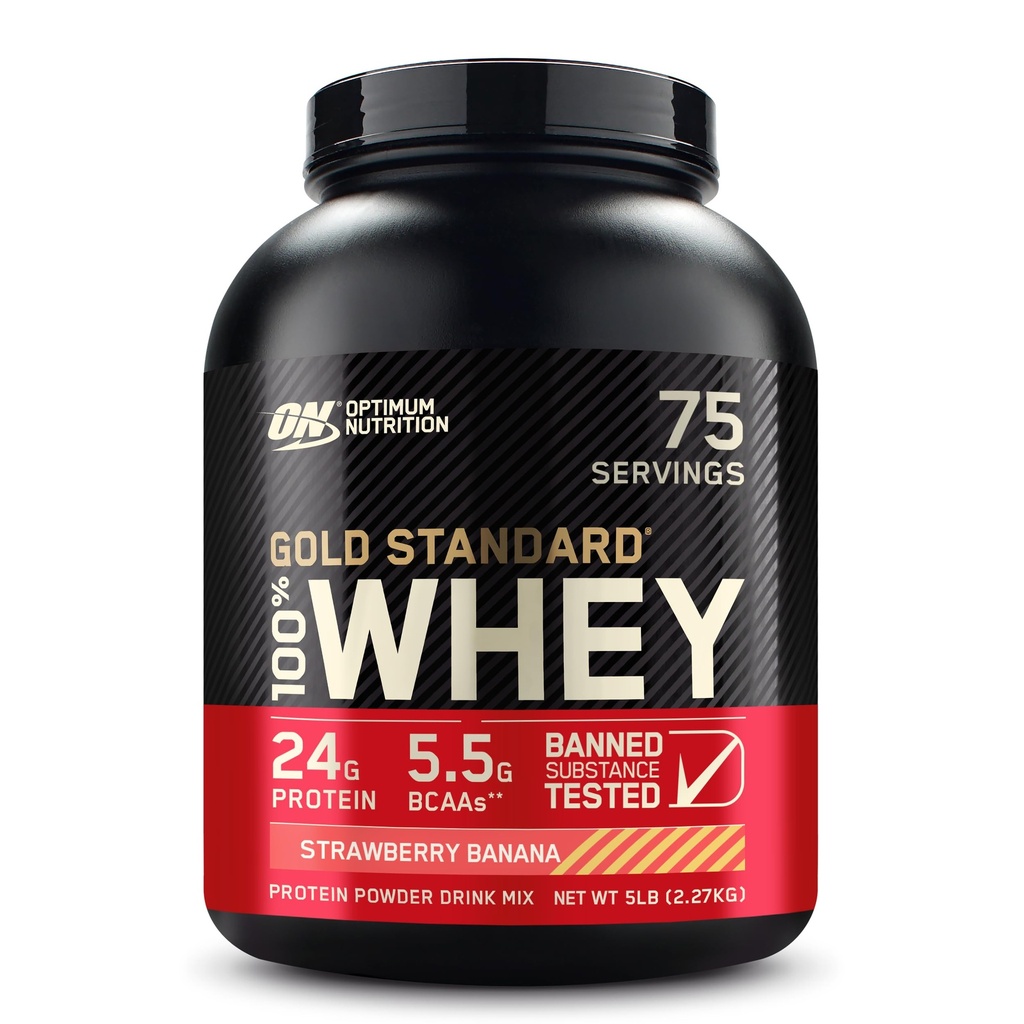אופטימוס תזונה זהב סטנדרטי 100% אבקת חלבון Whey, בננות סטרוברי, 5 פאונד (Packaging May Vary)