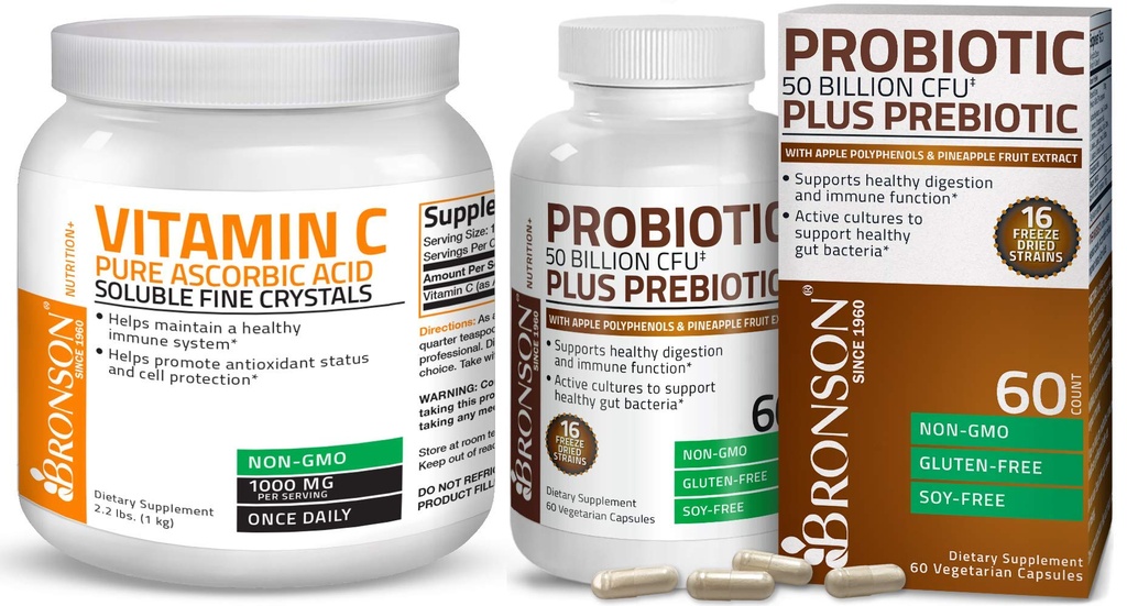 Bronson Probiotic 50 מיליארד CFU + Prebiotic עם Apple Polyphenols & Pineapple פירות לחלץ ויטמין C אבקת Pure Ascorbic Acid Soluble Fine Non GMO Crystals