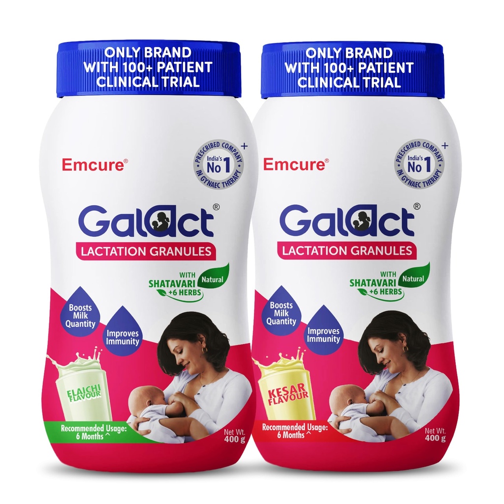 Galact Lactation Granules 400g X 2 | India's Only Brand with 100+ Patient Clinical Trial | Lactation Supplement for Breastfeeding | 4X Milk Boost | Shatavari & 6 Herbs | 40 Days | Elaichi + kesar
