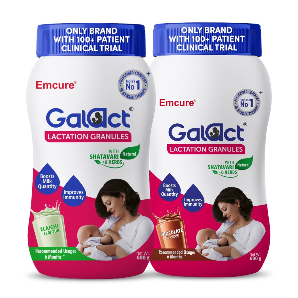 Galact Lactation Granules 600g X 2 | India's Only Brand with 100+ Patient Clinical Trial | Lactation Supplement for Breastfeeding | 4X Milk Boost | Shatavari & 6 Herbs | 60 Days | Chocolate + Elaichi