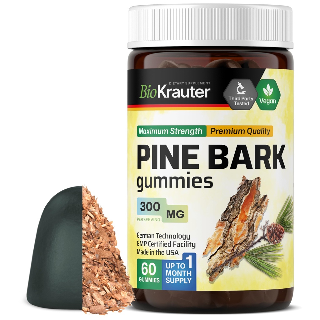 BIO KRAUTER Pine Bark לחלץ חניכיים - 300 מ"ג כוח - 60 צ'אדים טבעוניים - צרפתית הים פין ברץ - תוספת אנטי-חמצן - 95% Proanthocyanidins - פורמולה מבוססת Pectin-הבסיס פורמולה