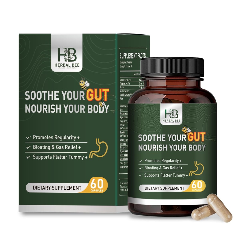 Herbal BEE Gut Health - Gas and Bloating Relief, Constipation, Leaky Gut תיקון - Gut ניקוי ושיחזור העיכול - קידום סדירות, ניקוי קולוני, 60 קפסולות