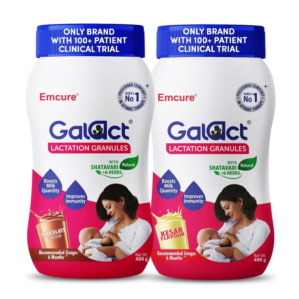 Galact Lactation Granules 400g X 2 | India's Only Brand with 100+ Patient Clinical Trial | Lactation Supplement for Breastfeeding | 4X Milk Boost | Shatavari & 6 Herbs | 40 Days | Chocolate + Kesar