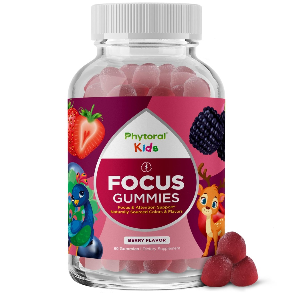 Phytoral Vegan Kids Focus Gummies - Potent Chewable Brain Support for Children - Enhances Concentration & Memory - Calming Supplements & Focus Gummies for Kids - Non-GMO & Gluten-Free - 60 Count