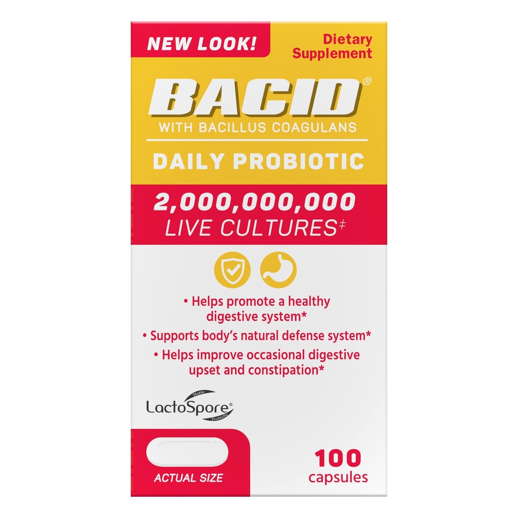 Bacid Daily Probiotic עם Bacillus Coagulans, תוספת תזונתית לבריאות העיכול, 100 קפסולות