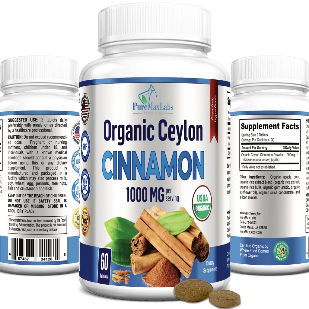 אורגני Ceylon Cinnamon - 1000 מ"ג עבור שירות, מוסמך מינרלים True Cinnamon תוספת, נוגדי חמצון, קיצור מהיר - 60 טבליות