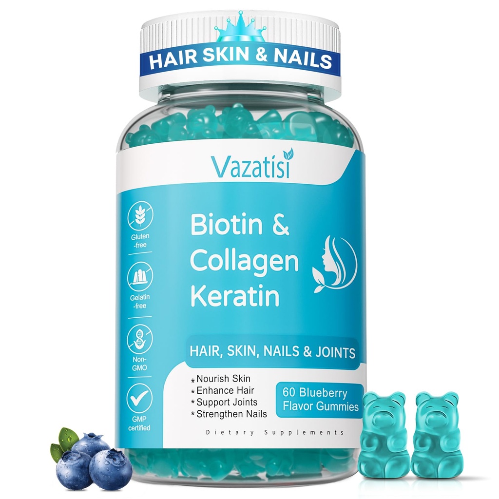 חניכיים ביוטין עם Collagen & Keratin for Hair Nails - תמיכה שיער וציפורני חזק יותר, נשים גברים, ילדים - 60 חניכיים Blueberry פלבדור
