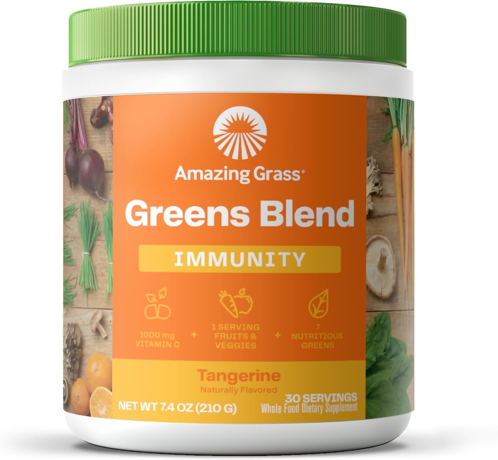 דשא ירוק Superfood Immunity: Super Greens אבקת עם ויטמין C, Cordyceps, Beet Root אבקת & Reishi Mushrooms, Tangerine, 30 משרתות