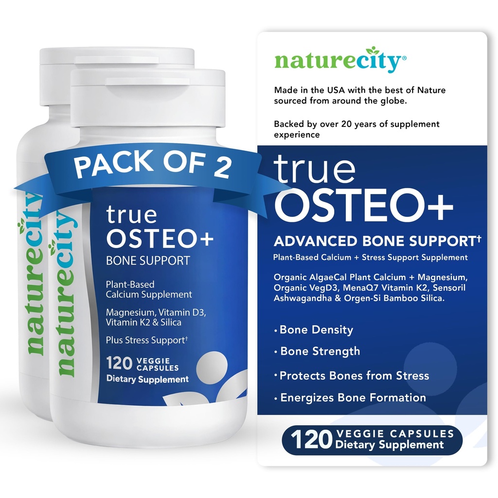 NatureCity True-Osteo+עצמות תמיכה עם Ashwgandha - עבור כוח והכחשה - Calcium מבוסס צמחי עם אורגני AlgaeCal, Magnesium, ויטמין D3, K2, Silicon & Stress Support