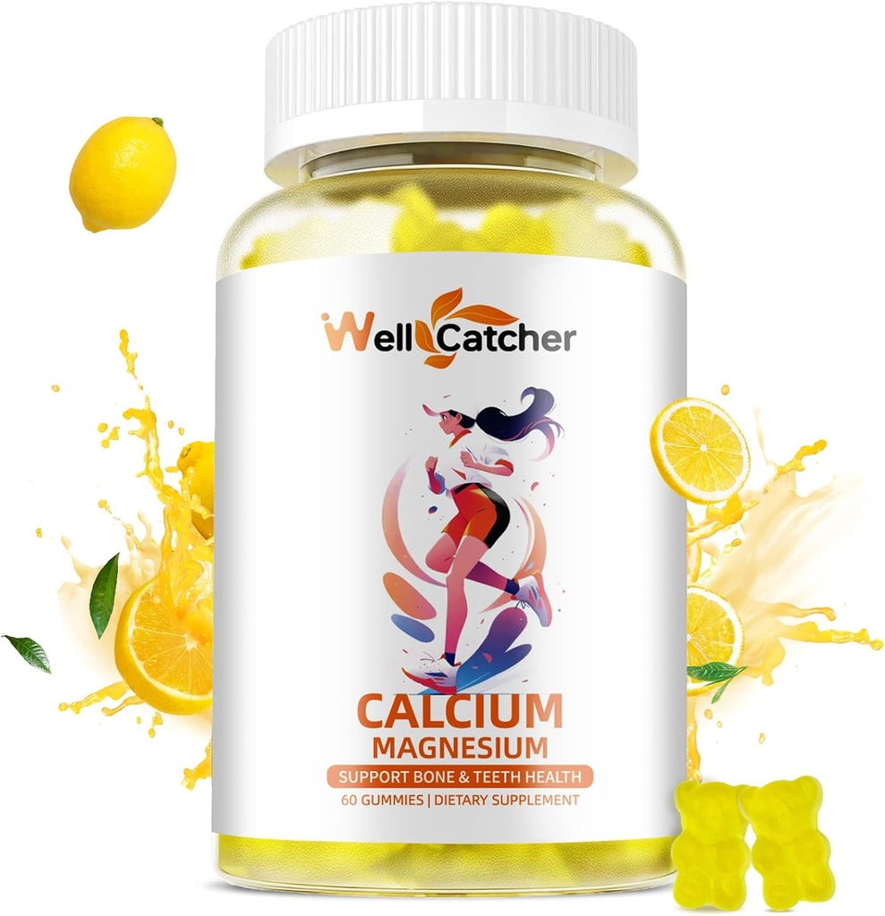 Calcium Magnesium Gummies Adults Kids - Sugar Free Chewable Algae Calcium תוספי עבור נשים גברים לתמוך פלוס העצם כוח עם Zinc Potassium ויטמין D3 K2 Lemon Flavor 60CT