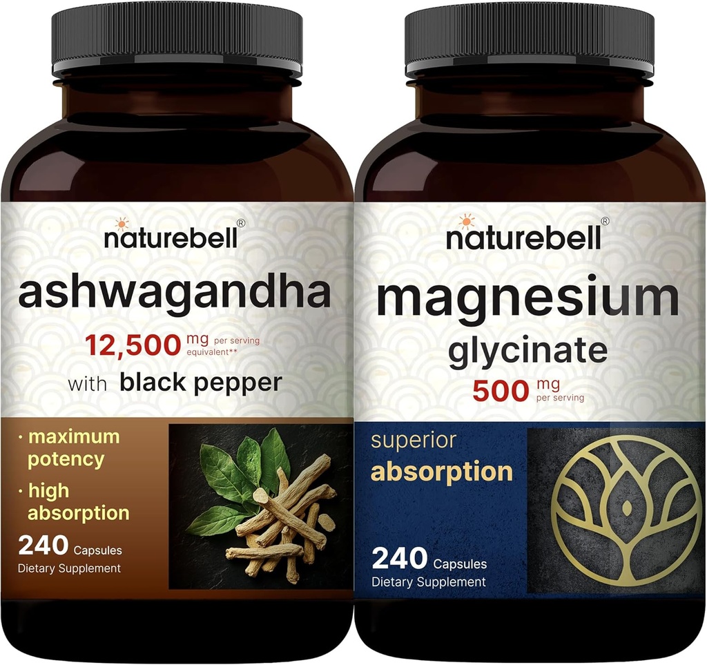 NatureBell Magnesium Glycinate קפסולות 500mg & Ashwagandha 12,500 מ"ג Equivalent with Black Pepper Bundle Pack | Chelated & Purified מינרלים