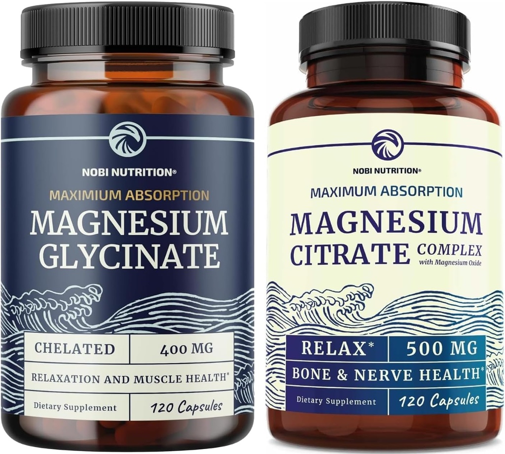 Magnesium Glycinate 400 מ"ג (120ct) & Magnesium Citrate 500 MG (120ct) | High Absorption, Calm, מרגיעה, עיכול ותמיכה שרירים | Non-GMO Magnesium Complex Bundle