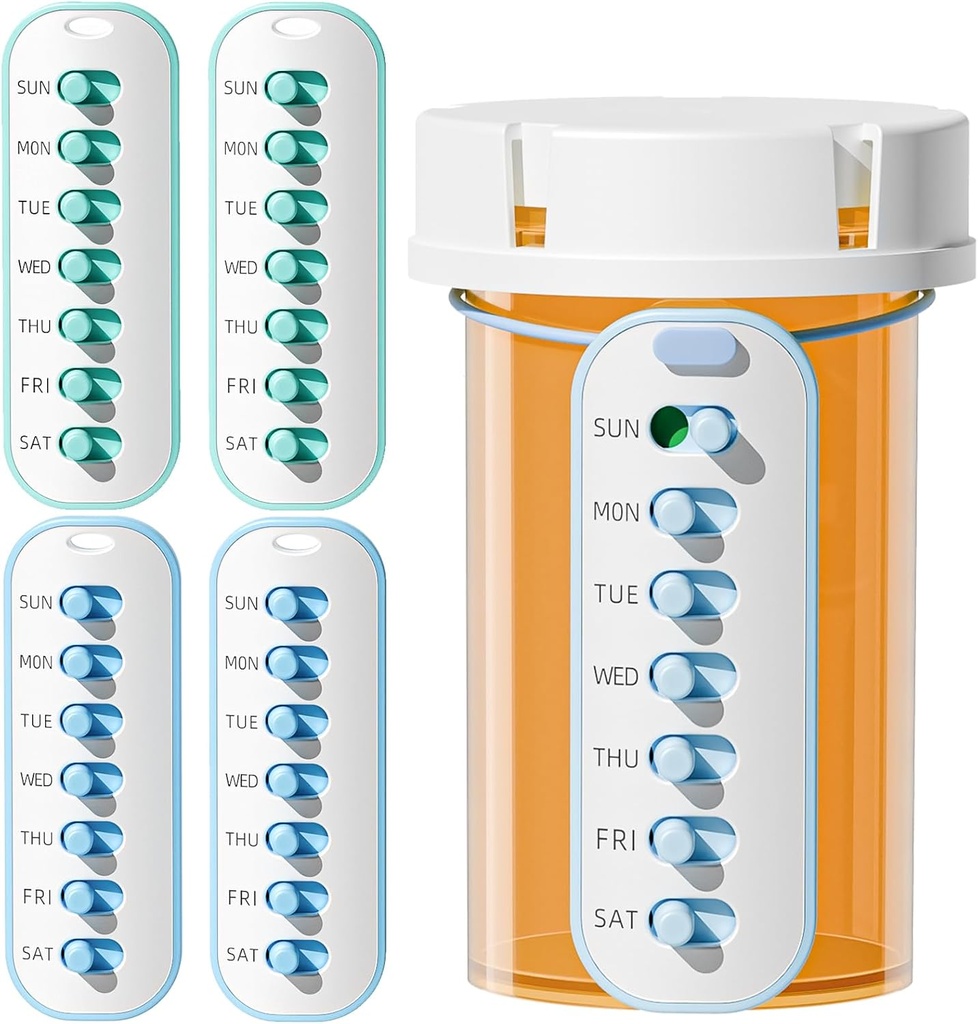 Odaro 4 Pack גלולות מזכיר, Lanyad או Sticker Pill Tracker, לעבוד עם רוב הבקבוקים, החלפת תרופות חוזרת של ויטמין שבועי (7 יום) מארגנת תרופות