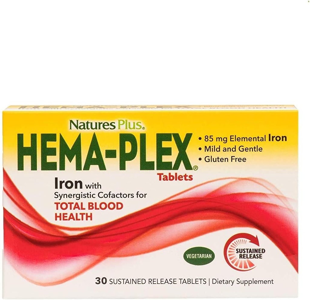 NaturesPlus Hema-Plex Iron - 30 טבליות איטיות-Release, Pack of 3 - Total Blood Health - 85 מ"ג צ'אד הברזל - עם ויטמין C & Bioflavonoids - Non GMO, Vegetarian & Gluten חינם - 90 סה"כ משרתים מלאים