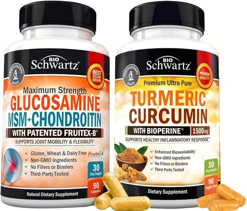 BioSchwartz Turmeric Curcumin עם Black Pepper לחלץ 1500 מ"ג תרכובת (1 חודש אספקה) פלוס Glucosamine Chondroitin MSM משולש כוח משותף תוספת (1 חודש אספקה)
