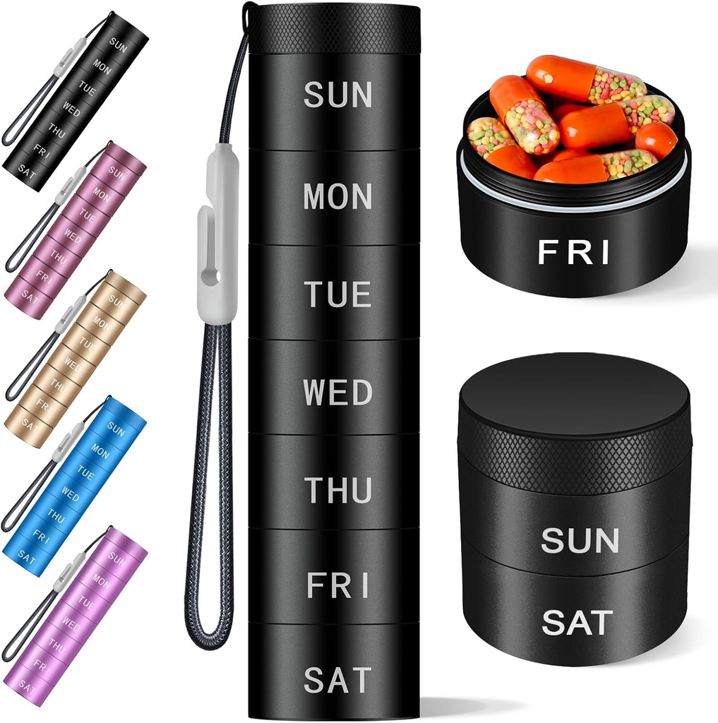 Aluminium Travel Pill מארגנת, Weekly Metal Pill Case,Pill Holder, Moisture Proof Water Proof® Daily Pill Box 7 Day, Large Pill Container to Hold ויטמינים,Medication, Supplements【 Black】