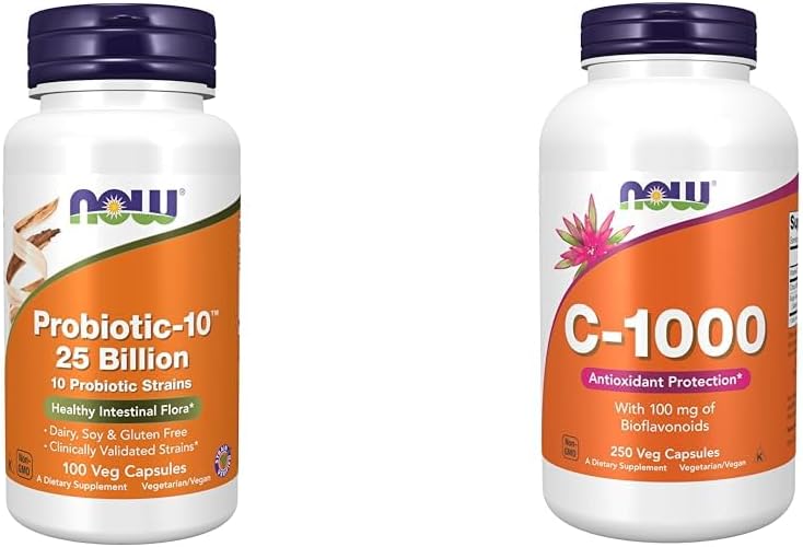 עכשיו תוספים, Probiotic-10TM, 25 מיליארד, עם 10 Probiotic Strains, חלב, סויה וגלוטן חינם & תוספי מזון, ויטמין C-1,000 עם 100 מ"ג של Bioflavonoids, Antioxidant Protection *, 250 קפסולות