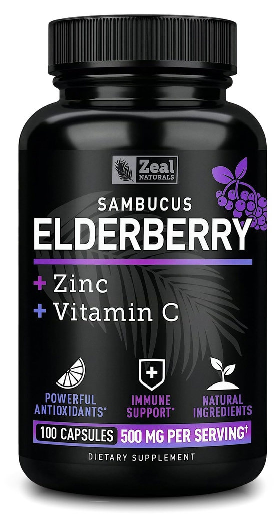 Zeal Naturals Max Power Elderberry קפסולות + Zinc + ויטמין C | 500 מ"ג עבור מערכת החיסון תמיכה עם Black Sambucus Elderberry | 100 Count | 3in-1 תמיכה עבור מבוגרים