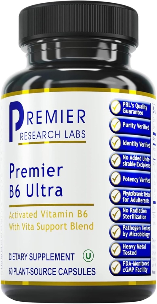 Premier Research Labs Premier B6 Ultra- P5P ויטמין B6, Pyridoxal 5 Phosphate B6 ויטמינים תוסף, 50 מ"ג B6 Per קפסולה, Active Form for Energy Metabolism ותפקוד המוח - 60 קפסולות צמחוניות