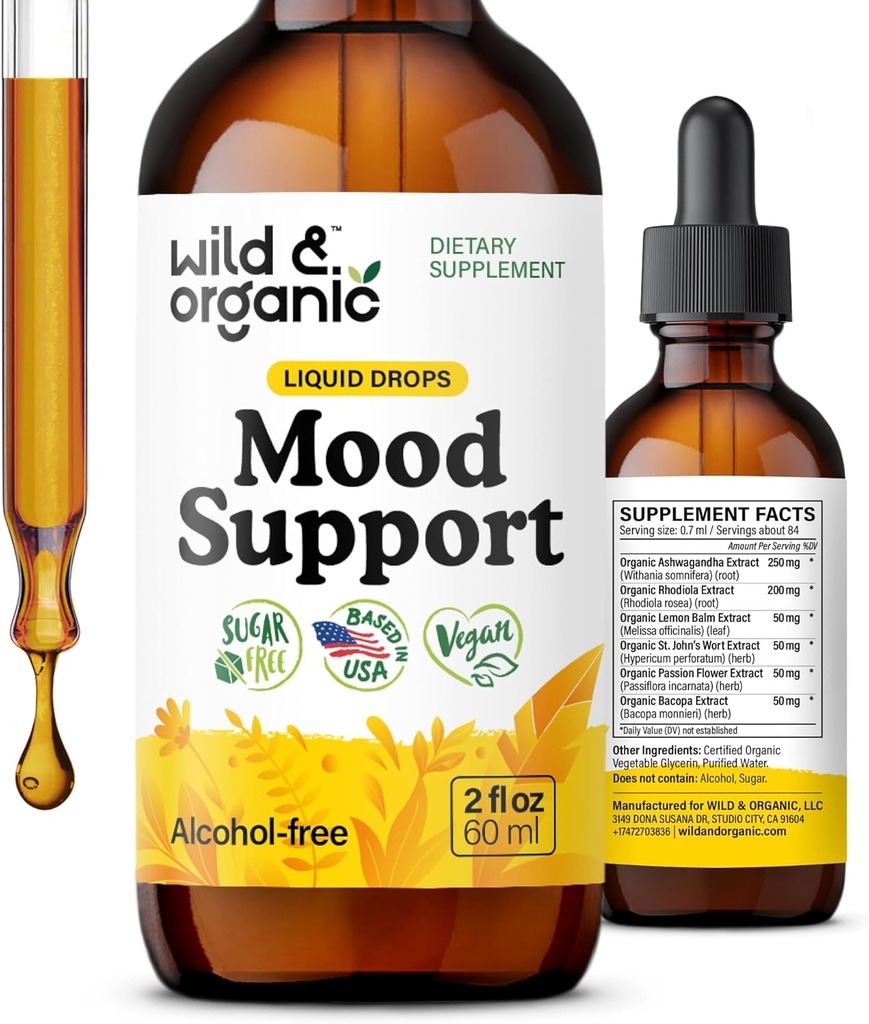 Wild & Organic Mood Support Drops - Good Mood Supplements w/Ashwagandha Root & Rhodiola Rosea - טיפות נוזליות טבעיות לאנרגיה חיובית - Calm ותוספים לנשים וגברים - 2 oz