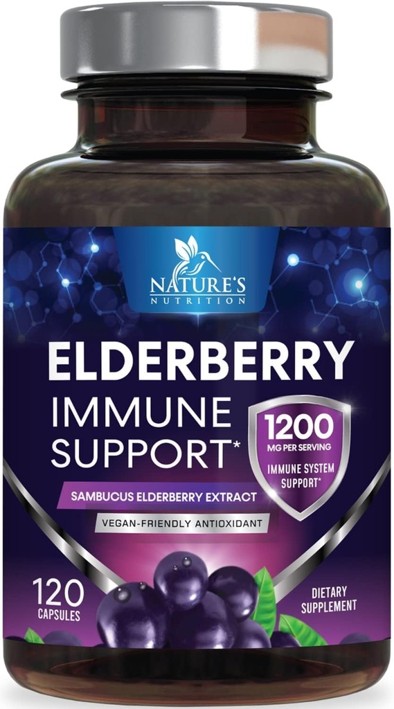 Elderberry Immune Support 1200mg - Daily Immune Support for Adults with Concentrated Sambucus Black Elderberry לחלץ - תוספת ויטמין Antioxidant, Gluten Free, בבקבוק בארה"ב - 120 קפסולות