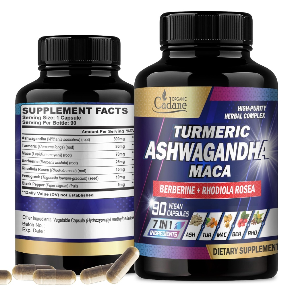 Organic Cadane Ashwagandha Supplements - Memory, Immune System & Strength Support - 7in1 Concentrated with Turmeric, Maca Root, Berberine & More - 90 Vegan Capsules for 3-Month Supply