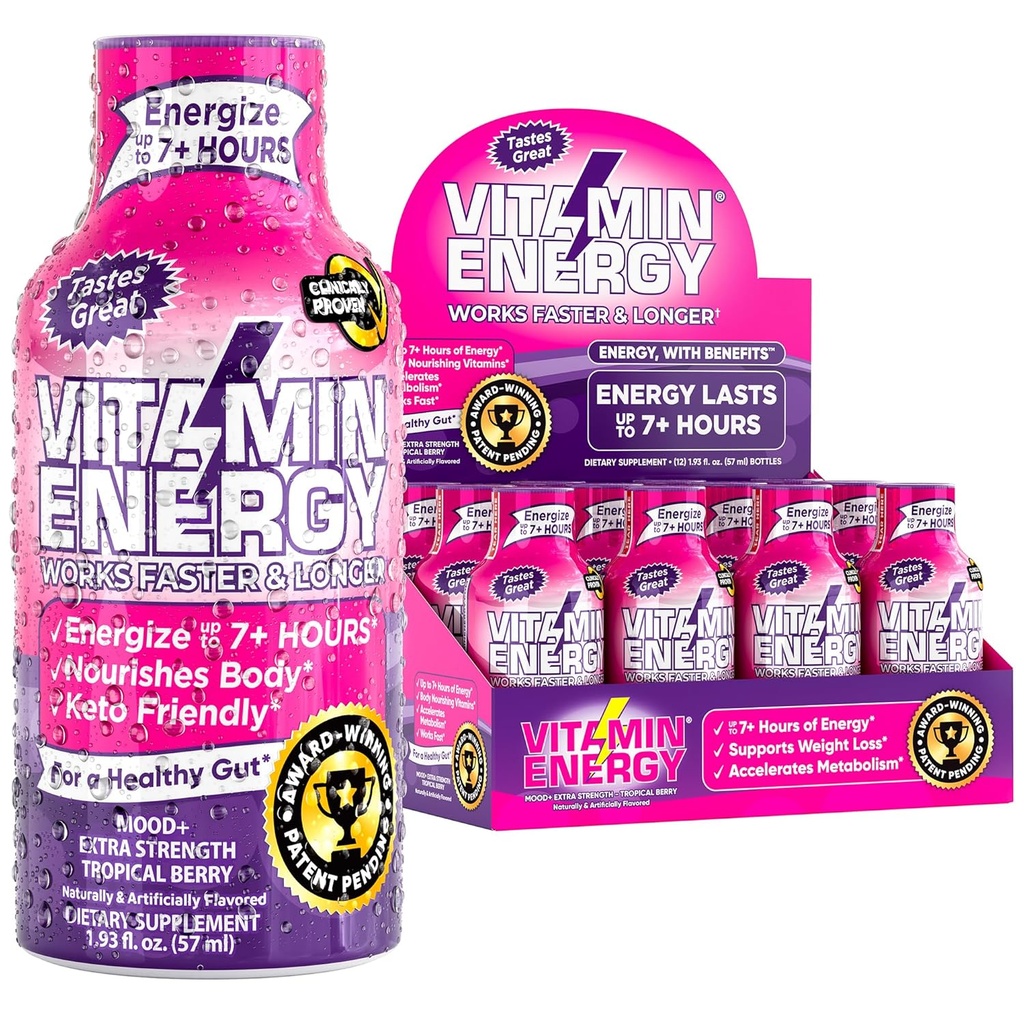 ויטמין אנרגיה Mood+ Energy Shot - Tropical Berry - 100% DV B-Vitamins & 260 מ"ג צמחי מבוסס קפאין - Zero Calories, Sugar-Free, Vegan, Non-GMO - Mood & Energy Support - 1.83 floz, 12-Pack Calories, Sugar-Free, Vegan, Non-GMO - Mood & Energy Support - 1.83 floz, 12-Pack