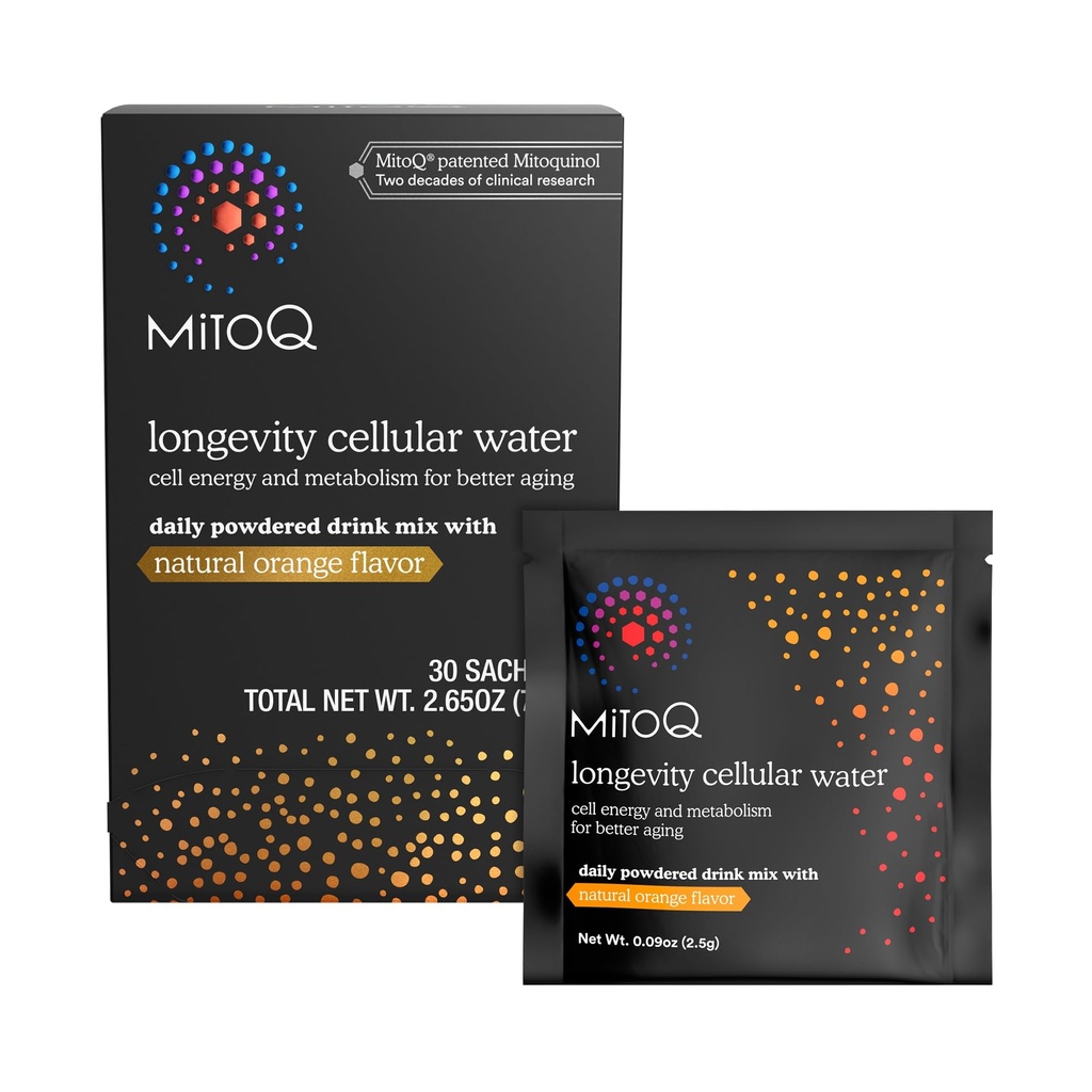 MitoQ Longevity water Daily אבקת לשתות תפוז טבעי לערבב - Mitochondria-targeted Antioxidant - Cell Energy and Metabolism for Better Aging (Orange, 30 Packets)