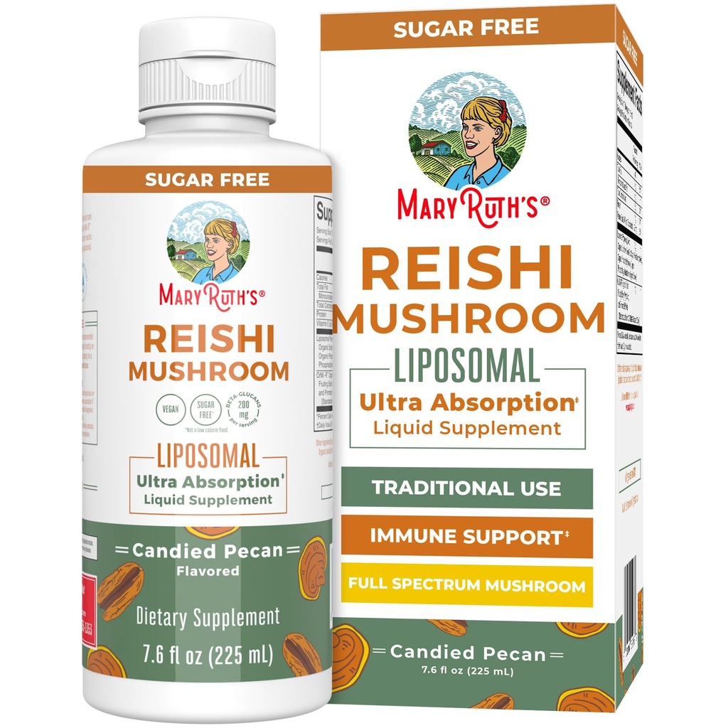 MaryRuth Organics Reishi Vegan Mushroom | Ultra Absorption Liposomal | Immune Support with 200 מ"ג Beta-Glucans, Vegan | Full Spectrum Reishi Mushrooms Fruiting Body