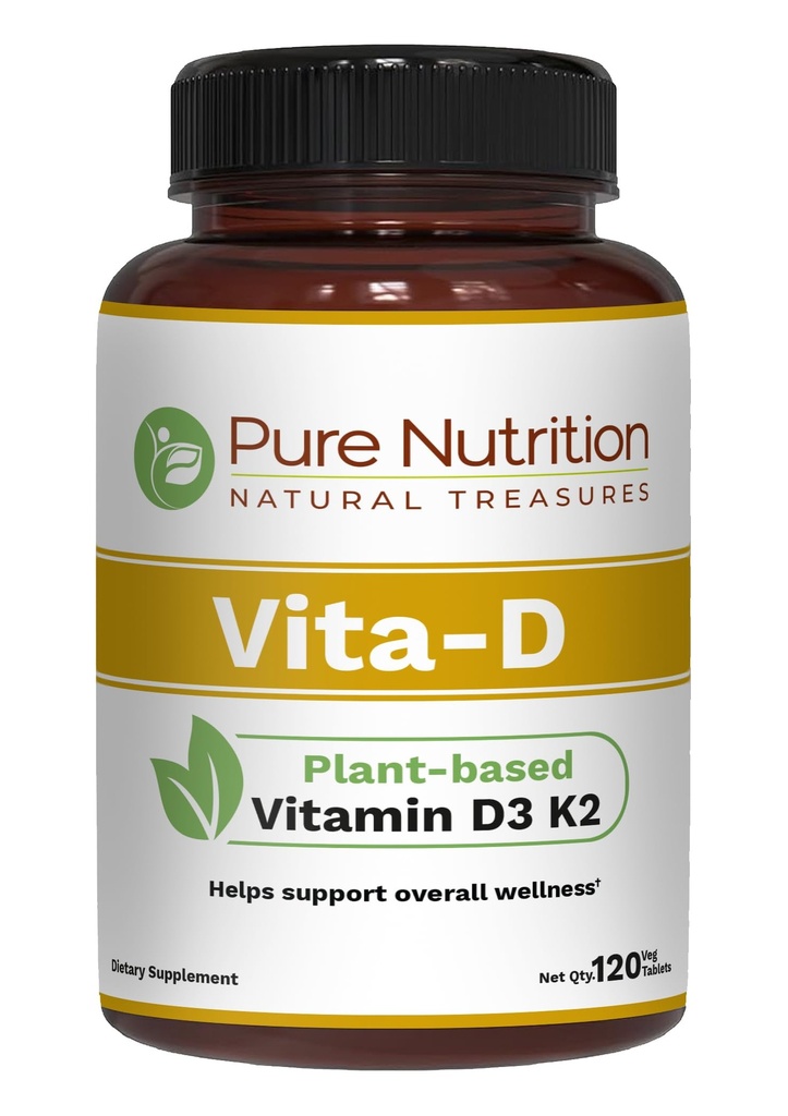 תזונה טהורה Vita D3 K2 - צמחי מבוסס ויטמין D3 K2 | 120 Tabs | ויטמין D3 6000 IU | ויטמין K2 כמו MK7 100mcg | ויטמין K2 D3 | Non GMO | ויטמין D3