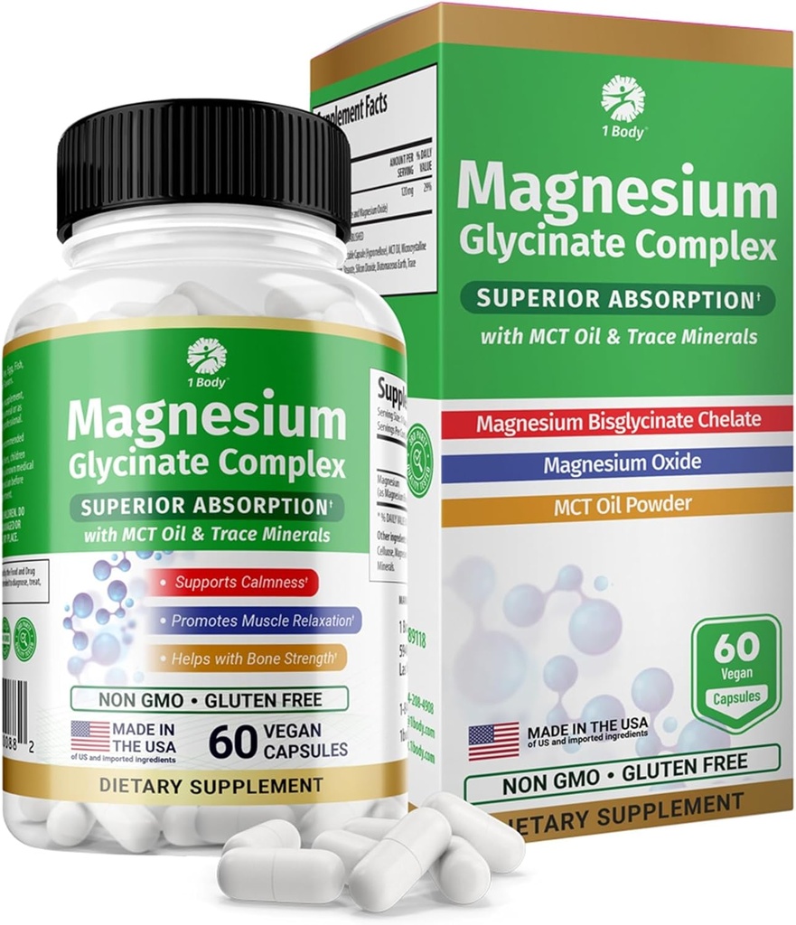 1 גוף Magnesium Glycinate Complex, גבוה Absorption Magnesium תוסף עבור Calm, מנוחה שרירים ותמיכה בריאות העצם, טבעוני עם שמן MCT & Trace מינרלים, non-GMO, 60 קפסולות