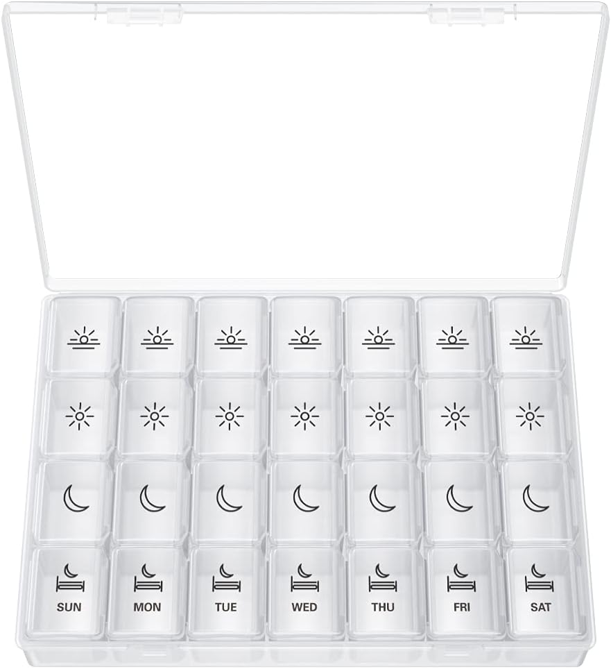 XL Pill מארגנת 4 פעמים ביום, BUG HULL תוספת גדולה של גביע הכדור השבועי מקרה, 7 ימים ויטמין מכיל כל יום גלולות הולדר עבור שמן Cod-Liver, ויטמינים, תוספי מזון (לבן)