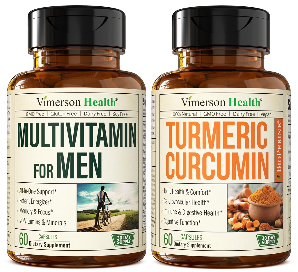 Vimerson Health Men's Multivitamin + Turmeric Curcumin עם Black Pepper לחלץ Bundle. תמיכה משותפת וחיסון, מניעת נוחות, נכסים נוגדי חמצון עבורו