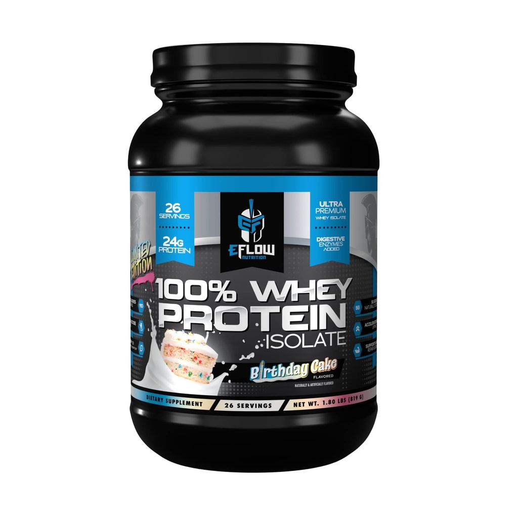 eFlow Nutrition 100% חלבון Whey חלבון Isolate - Lactose-Free Digestive Enzymes הוסיף, Low Carb, Post Workout Shake, Fast Digesting for Optimal שריר התאוששות - עוגת יום הולדת (26 משרתים)