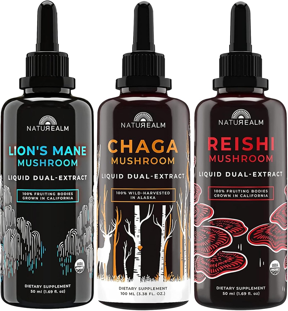 Naturealm Lion's Mane, Reishi, & Chaga Mushroom Extract - Fitogen Stack for Focus, Immunity, Longevity, Gut Health, Anti-Aging, Energy, Healing, & More - נוזל אורגני טיפות - 50 mL כל אחד (3 Pack)