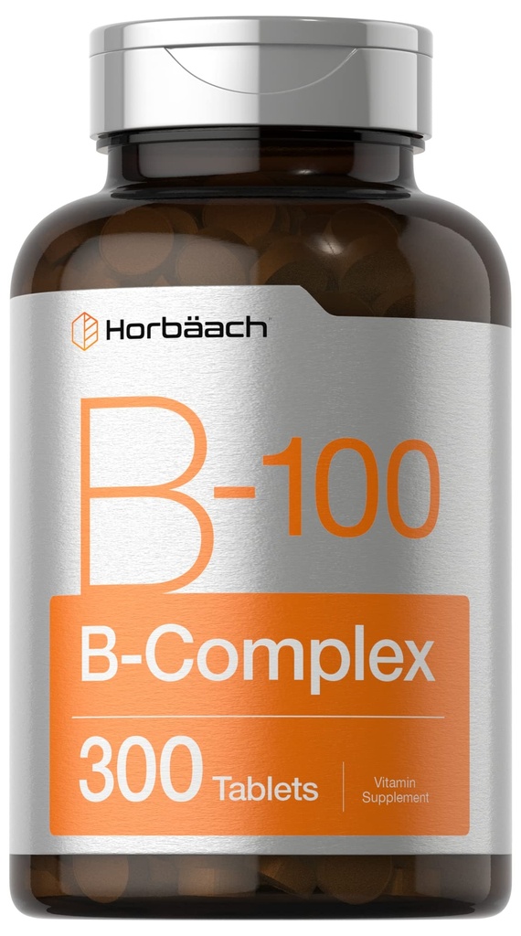 Holbäach ויטמין B-100 מורכב | 100% מהערך היומי | 300 טבליות | Vegetarian, non-GMO ו- Gluten Free Supplement