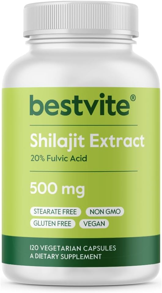 BestVITE Pure Shilajit לחלץ 500 מ"ג (120 קפסולות צמחוניות) - No Stearates - טבעוני - Non GMO - Gluten Free - סטנדרטי עד 20% Fulvic Acid
