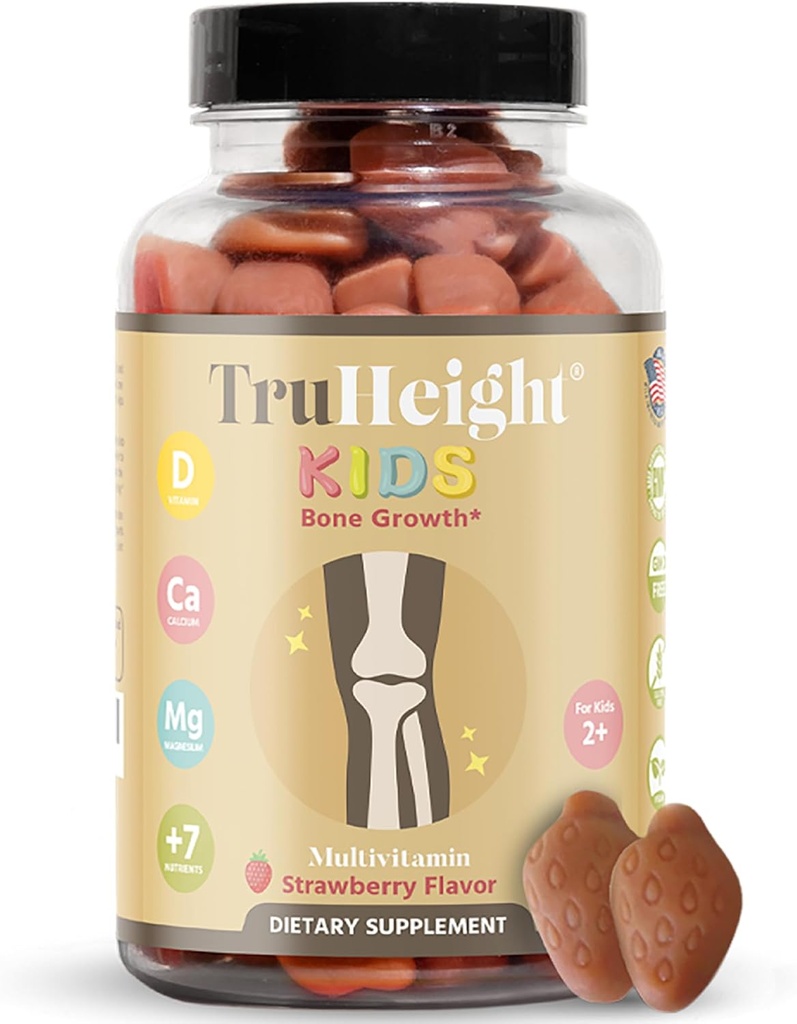 TruHeight Kids Bone Growth Gummies (Strawberry, Ages 2+) All Natural Kids & טודלר ויטמינים - ויטמין D, Calcium, K, Magnesium Multivitamin, growth & Development, בונה עצמות חזקות, D3 K2, טבעוני
