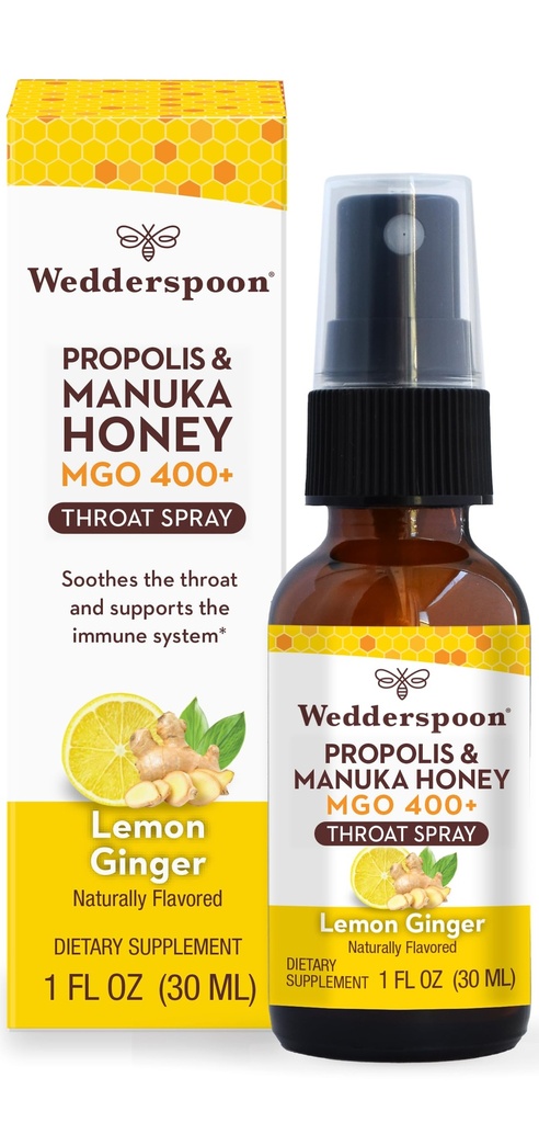 Wedderspoon Propolis ו Manuka דבש גרון Spray, לימון וג'ינג'ר, 1 Fl Oz (Pack of 1), Sore גרון הקלה, תמיכה טבעית